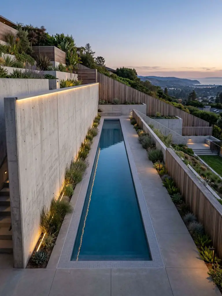 A sleek modern lap pool integrated into a steep slope with minimalist concrete retaining walls and wood accents.