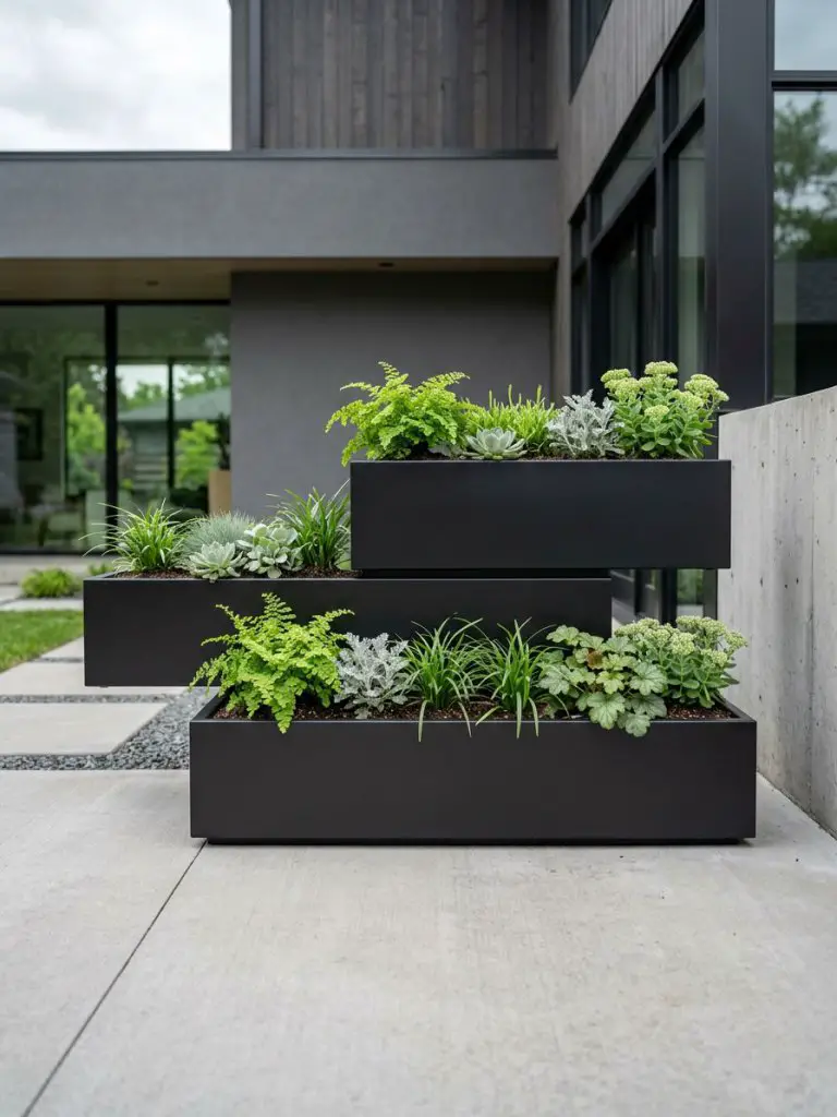 A sleek modern layered flower bed using matte black metal rectangular planters stacked in a minimal arrangement near a contemporary home ext.