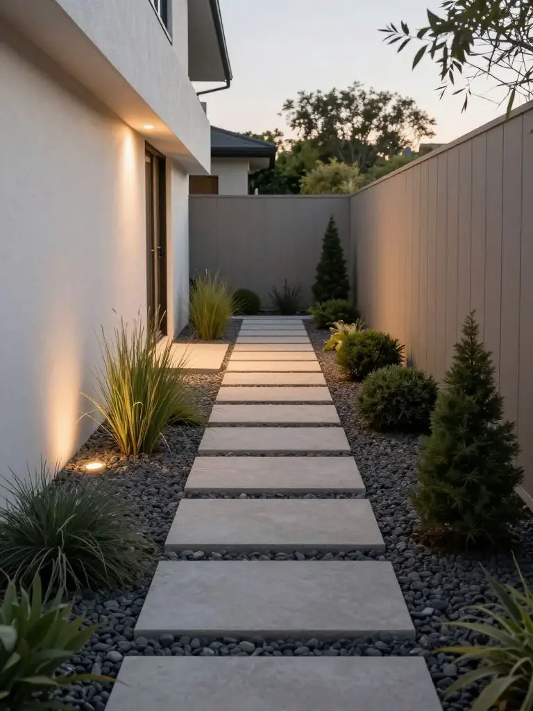 A modern minimalist side yard landscaping scene featuring a narrow pathway composed of large rectangular concrete stepping stones set in dar.