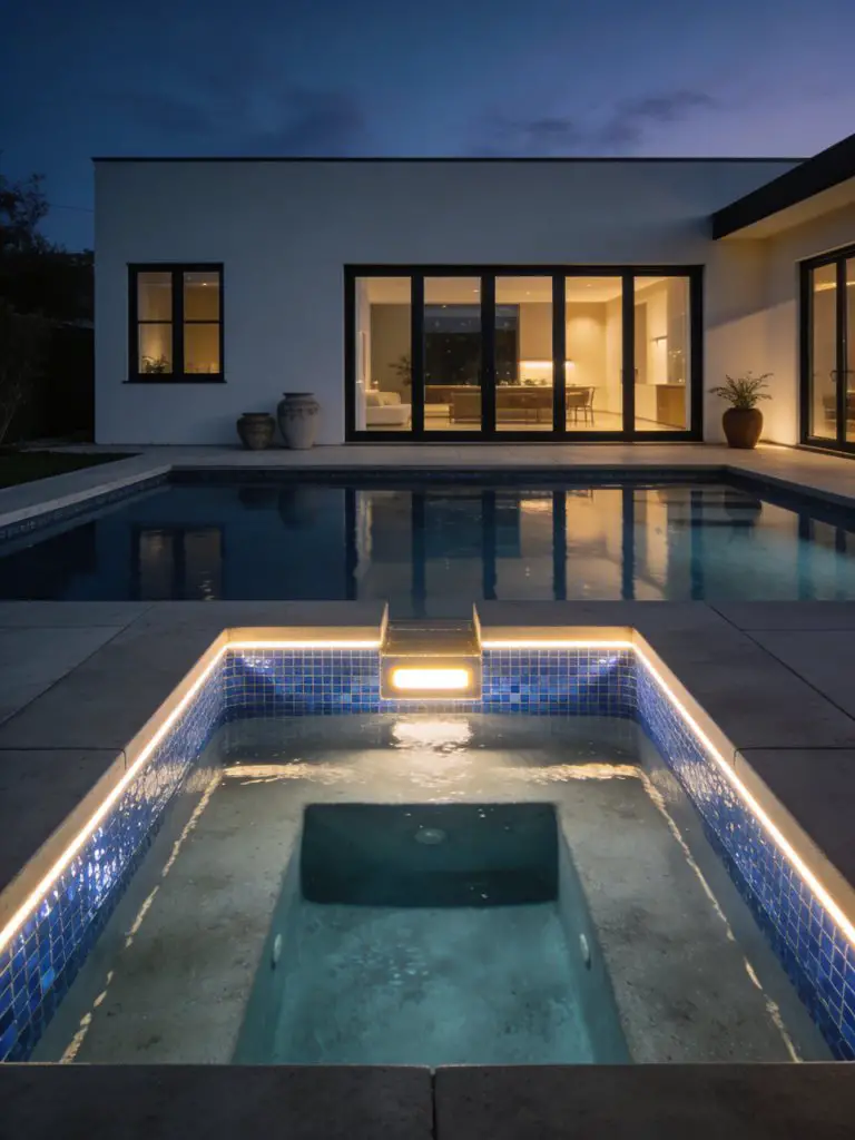 A modern luxury pool backyard at night featuring an illuminated spa edge and sleek architectural home backdrop, designed in Contemporary Min.