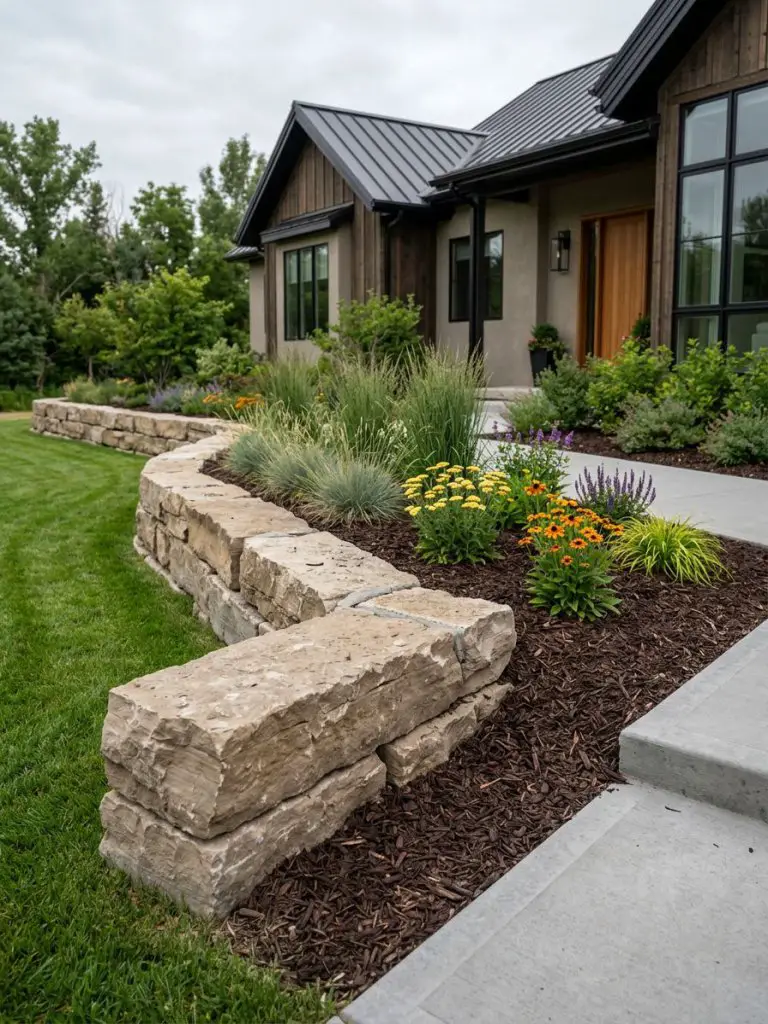 A contemporary raised flower bed designed with large stacked limestone blocks in a modern rustic aesthetic, forming a clean retaining wall a.