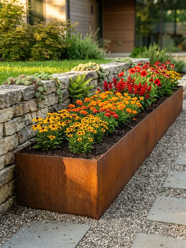 A sleek raised flower bed made from corten steel placed along a front yard retaining wall, designed in modern minimalist landscaping style.