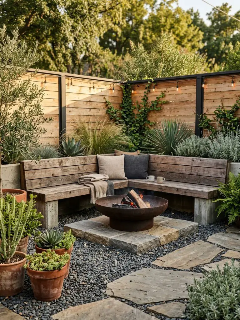 A modern rustic corner garden featuring a built-in bench and fire pit centerpiece.