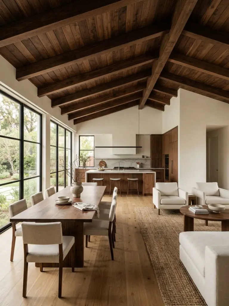 A modern rustic minimalist living room with dining area, defined by rich wood ceilings, large windows, and a palette of warm walnut, soft be.