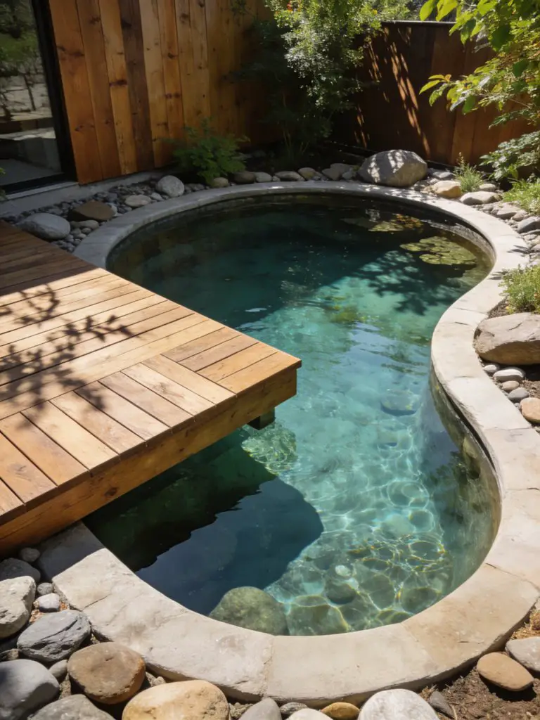 A modern rustic backyard pond pool featuring a wooden deck platform extending slightly over the water.