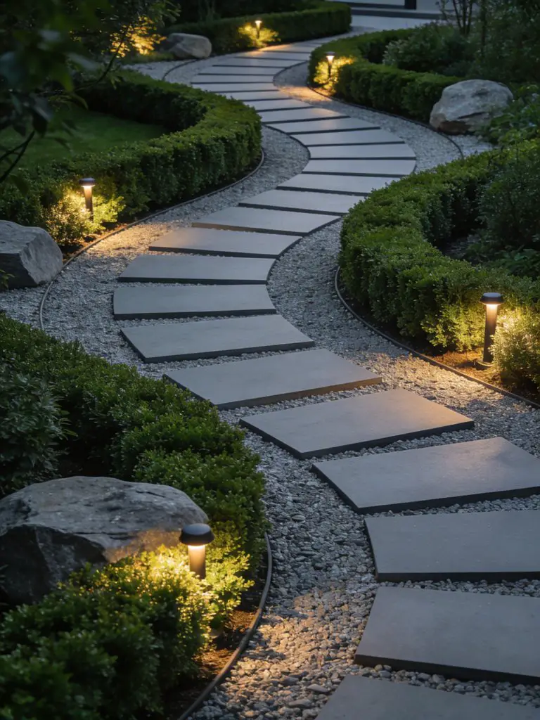 A modern landscaped garden path combining gravel with large stepping stones, designed in a contemporary minimalist style.