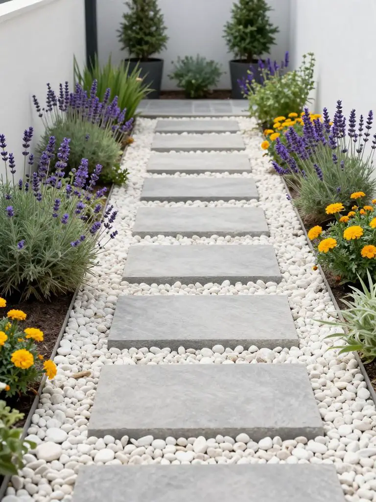 A modern narrow garden pathway designed in a Scandinavian-inspired minimalist style, featuring large rectangular stepping stones floating ov.