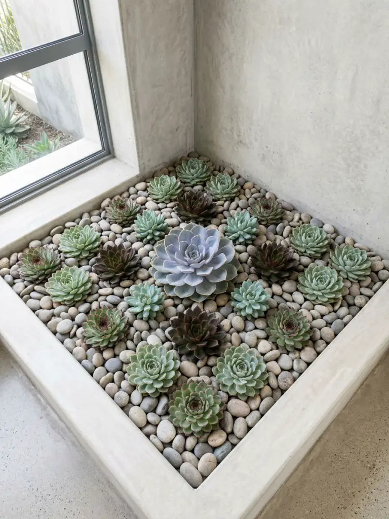 A minimalist modern succulent corner bed with a geometric layout, featuring rosette-shaped succulents in muted sage green, dusty blue, and h.