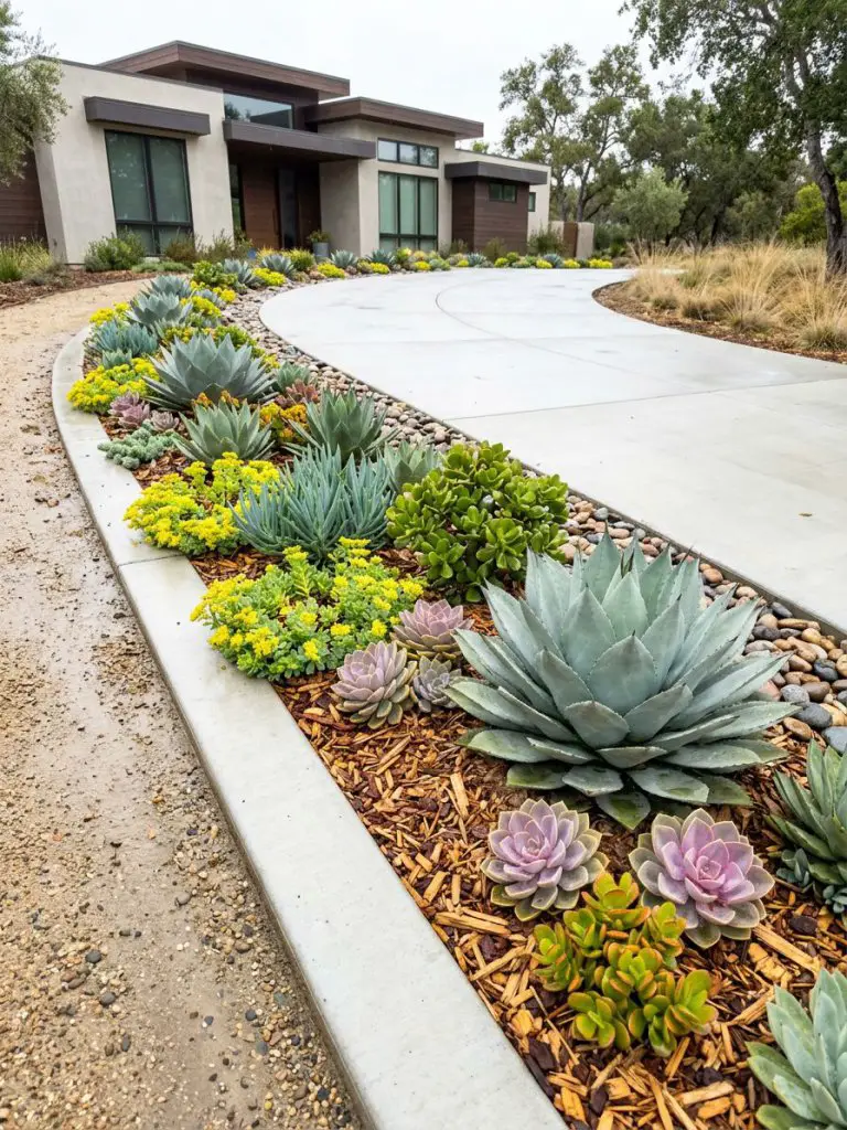 A modern succulent driveway flower bed designed with drought-tolerant landscaping, featuring sculptural agave, echeveria, and low-growing su.