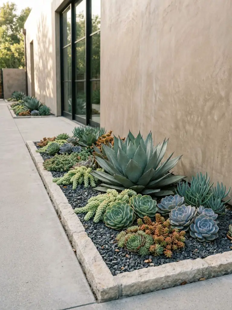 A narrow modern succulent flower bed set along a sleek concrete building edge, designed in a warm minimalist and modern rustic landscape sty.