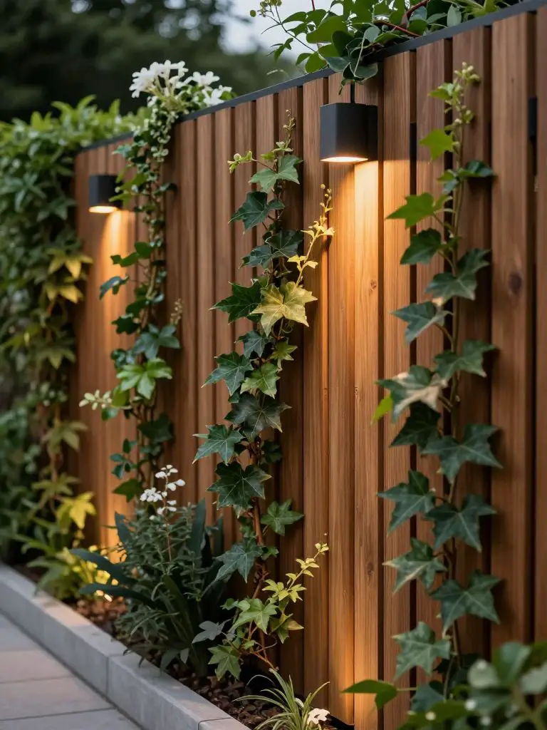 A romantic garden wedding-style modern fence line featuring vertical wooden slats with climbing greenery and warm ambient lighting.