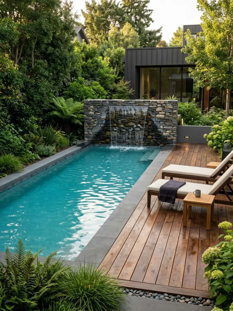 A modern lap pool set alongside a rich wood deck, featuring a sleek waterfall wall as the focal point, designed in a contemporary rustic sty.