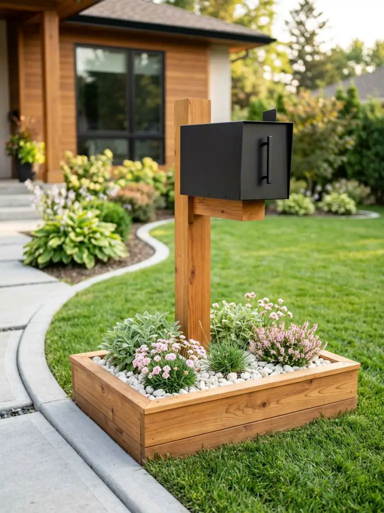 A modern minimalist mailbox flower bed with clean lines and structured design.