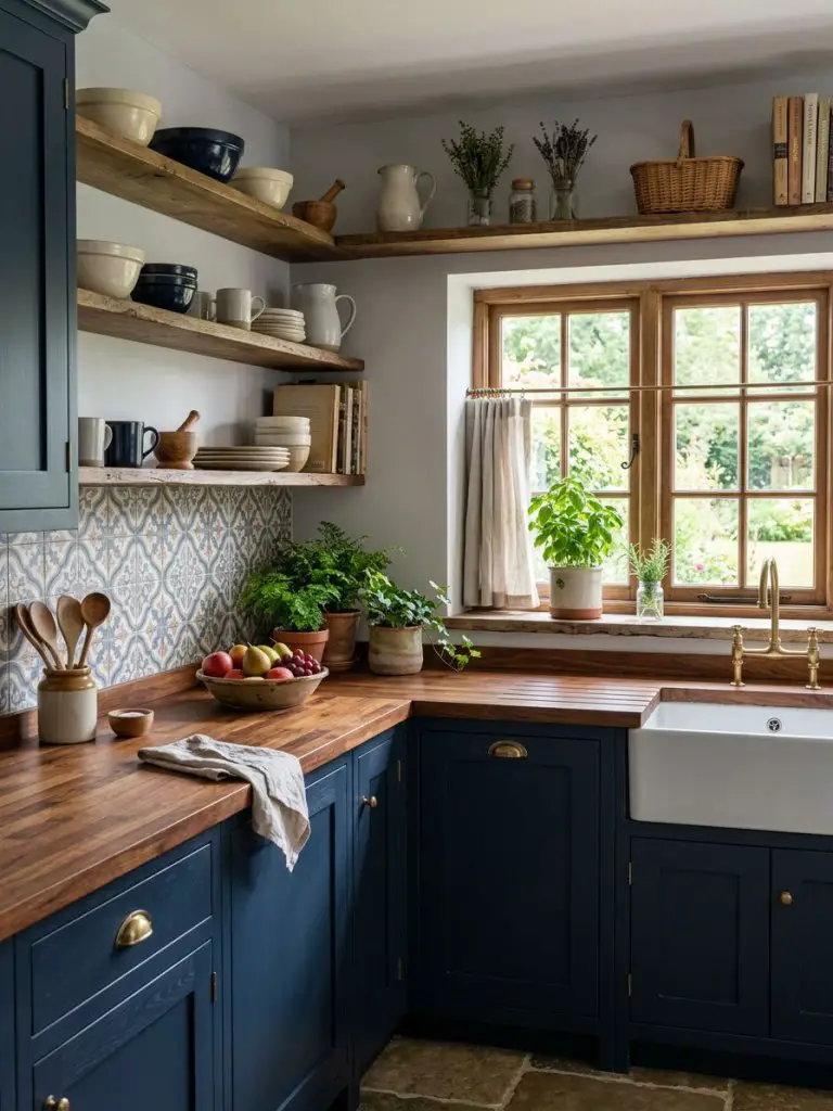 A cozy farmhouse kitchen with deep navy blue cabinetry paired with warm wood accents and a patterned tile backsplash in muted tones.