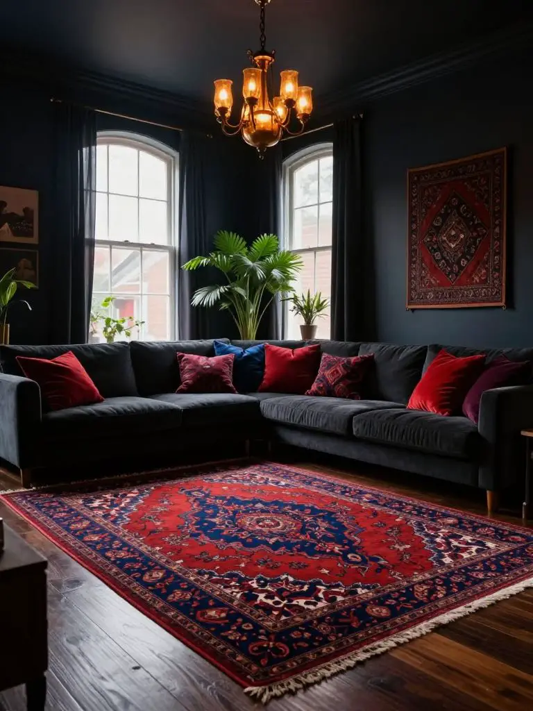 A moody bohemian living room with dark navy walls and a large vintage Persian rug in rich reds and deep blues covering dark wood flooring.