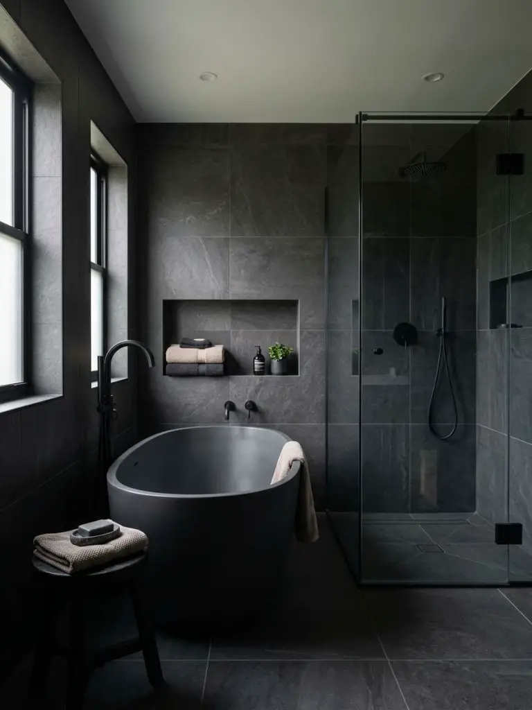 A moody small bathroom designed in a modern spa-inspired style, featuring a freestanding bathtub as the focal point positioned slightly off.