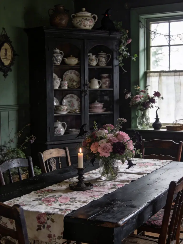A moody cottage-style witchy dining room featuring a dark painted table with a floral runner and vintage wooden chairs, complemented by a hu.