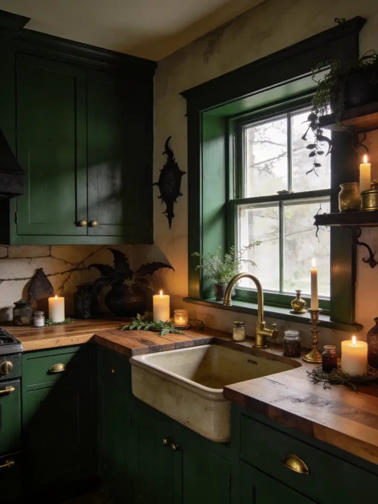 A moody witch kitchen with deep green cabinetry and wood countertops, styled in modern rustic witch aesthetic.