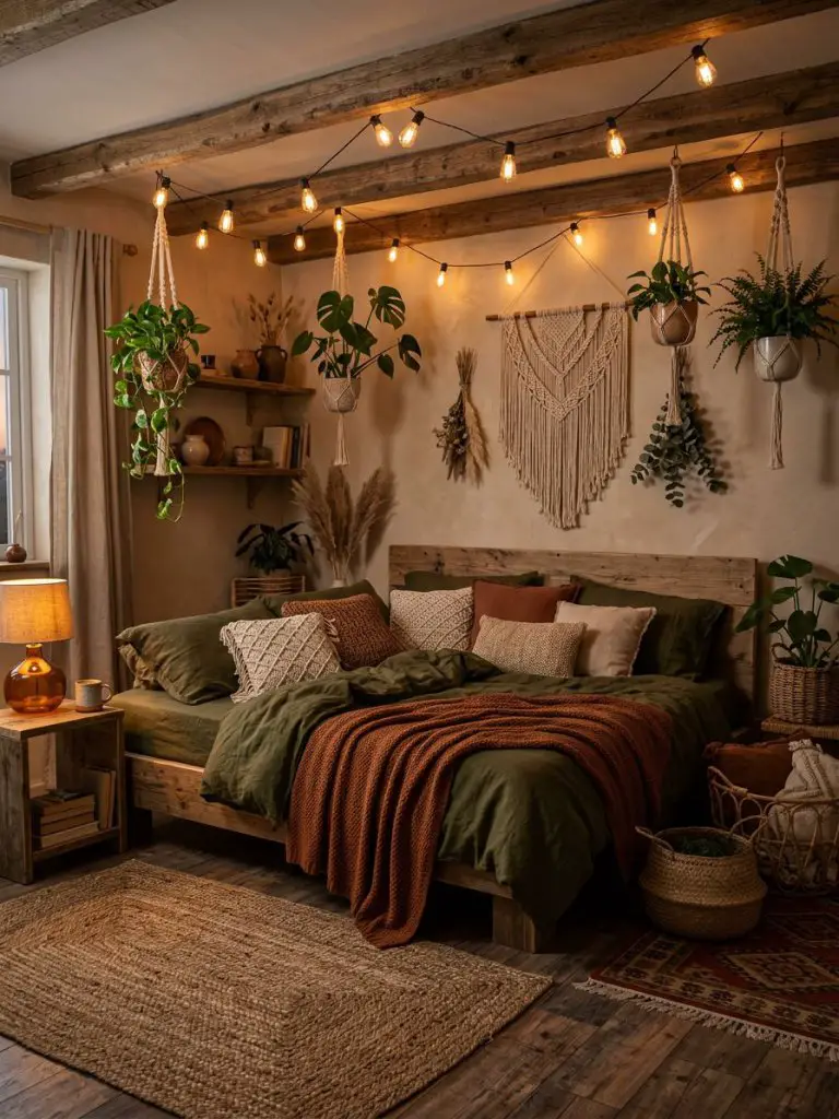 A moody earthy bedroom in Boho Rustic style featuring a low wooden bed layered with deep green bedding and textured pillows.