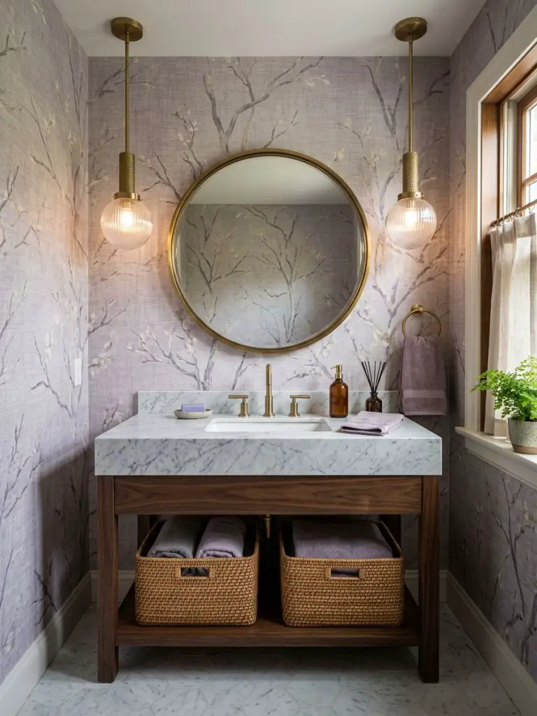A moody elegant tiny bathroom featuring textured tree-pattern wallpaper in muted lavender-grey tones, styled in a modern classic aesthetic.