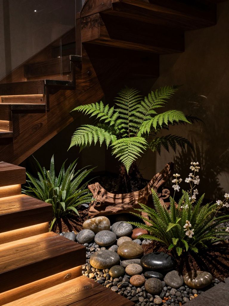 A moody indoor small garden under stairs designed with a zen-inspired aesthetic, featuring warm ambient lighting tucked beneath dark wood st.