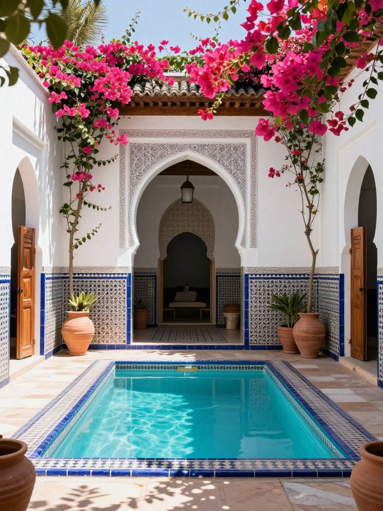 A Moroccan-inspired Mediterranean courtyard pool with an arched doorway framed by blooming bougainvillea.