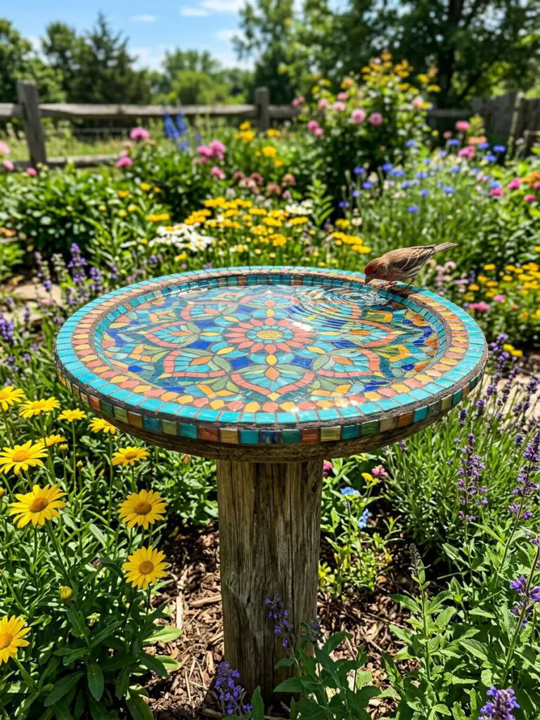 A handcrafted mosaic bird bath featuring colorful glass tiles arranged in a circular pattern, set within a vibrant flower garden.