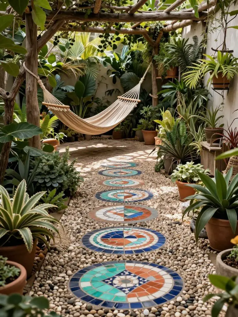 A cozy bohemian garden walkway featuring a mosaic stepping stone path leading through lush greenery toward a hammock lounge.