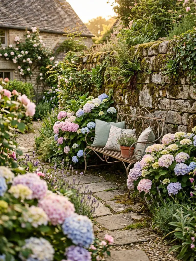 A cozy cottage seating corner designed in rustic European garden style, featuring a wrought iron bench positioned beside a moss-covered ston.