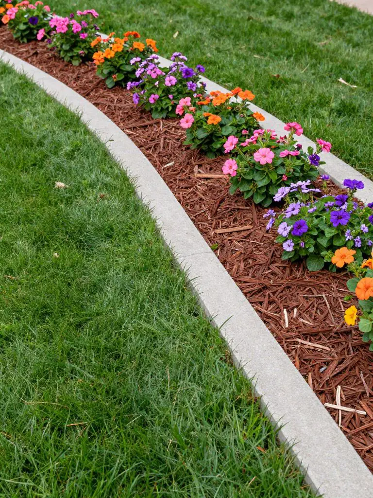 A simple and practical garden bed edged with a clean concrete border separating a lush green lawn from a mulched flower bed filled with colo.