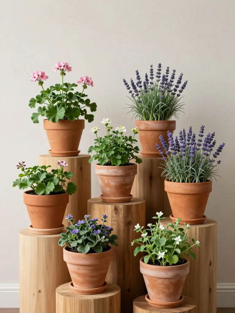 An artistic arrangement of various terra cotta and ceramic pots sitting on top of wooden pedestals of different heights.