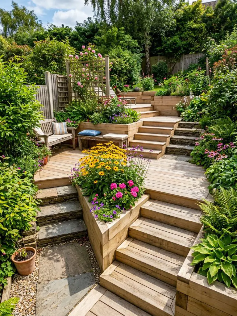 A dynamic small sloped garden featuring multi-level wooden decking integrated with planter beds filled with green shrubs and bright flowers.