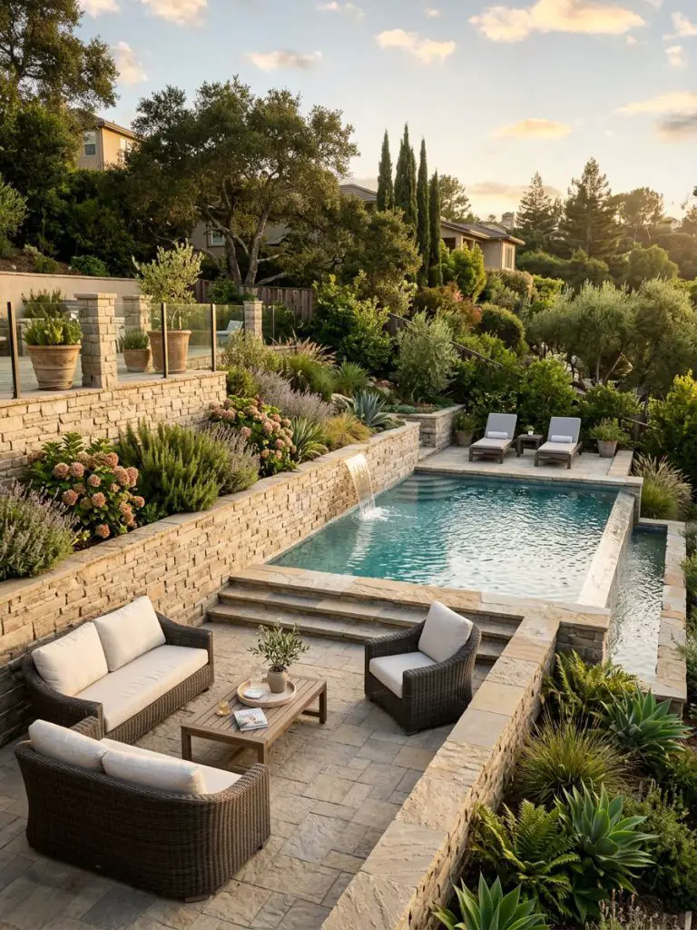 A multi-level backyard pool design with integrated retaining walls and a cozy seating patio above the water.