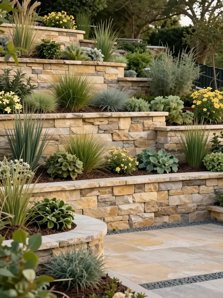 A multi-tier sloped driveway landscaping design with stacked retaining walls and layered planting beds.