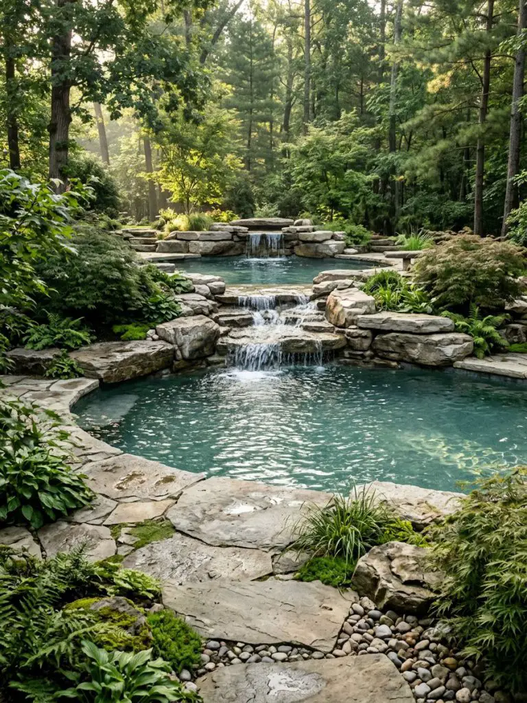 A multi-level backyard rock pool designed in modern rustic landscape style with cascading water features.