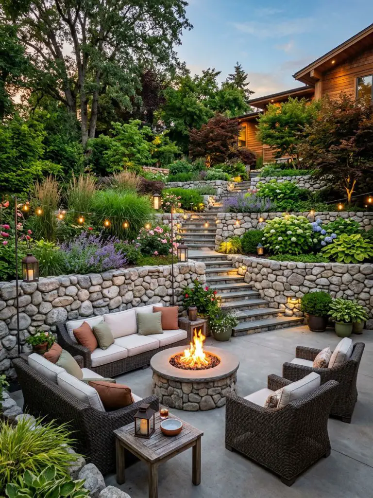 A luxurious terraced backyard with stone retaining walls and an integrated patio lounge area in a refined modern rustic style.