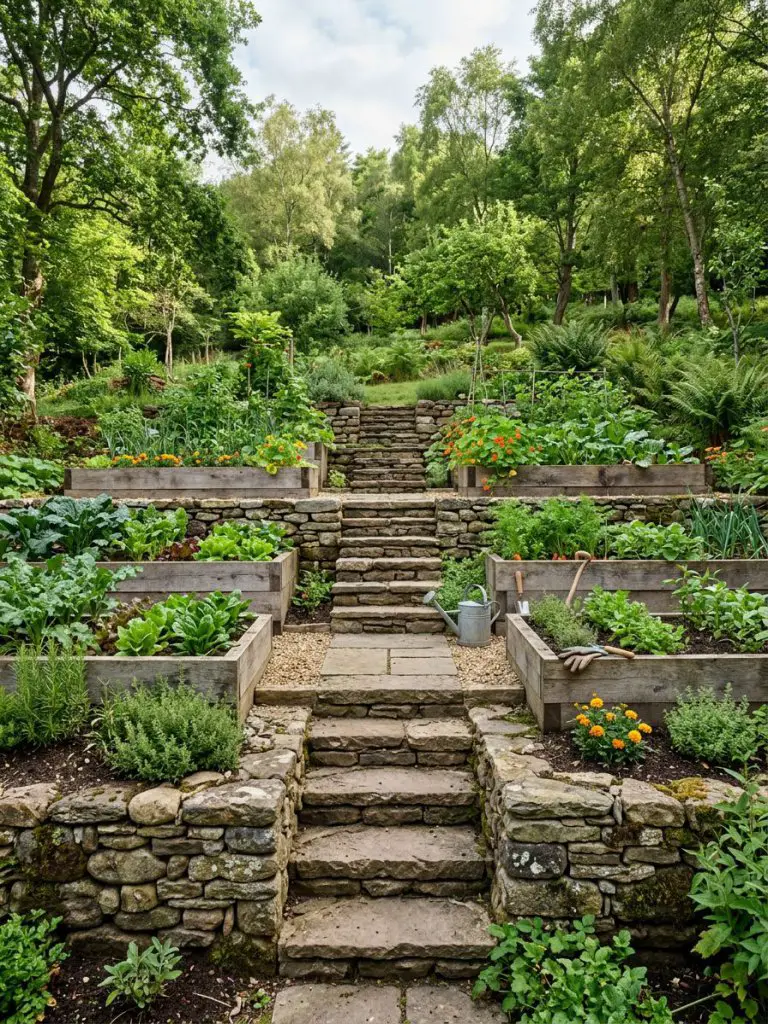 A multi-level terrace garden built into a gentle slope, featuring rectangular wooden raised beds supported by natural stone bases and connec.