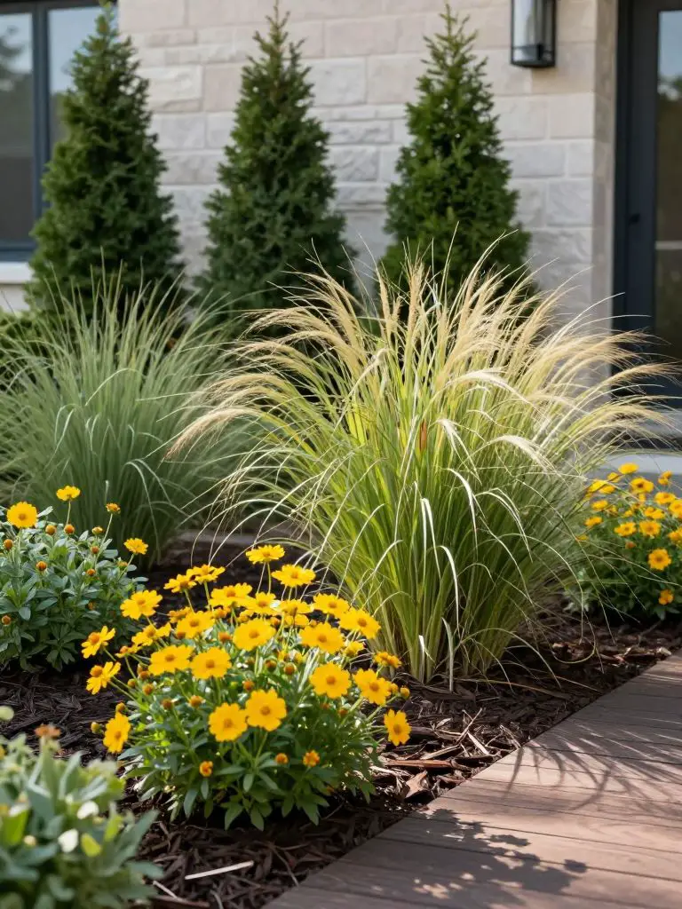 A layered foundation planting along a modern home front.