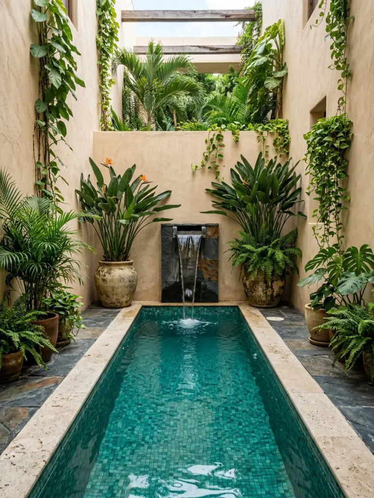 A narrow courtyard plunge pool with a built-in waterfall feature, styled in modern rustic tropical design, featuring a slim rectangular pool.