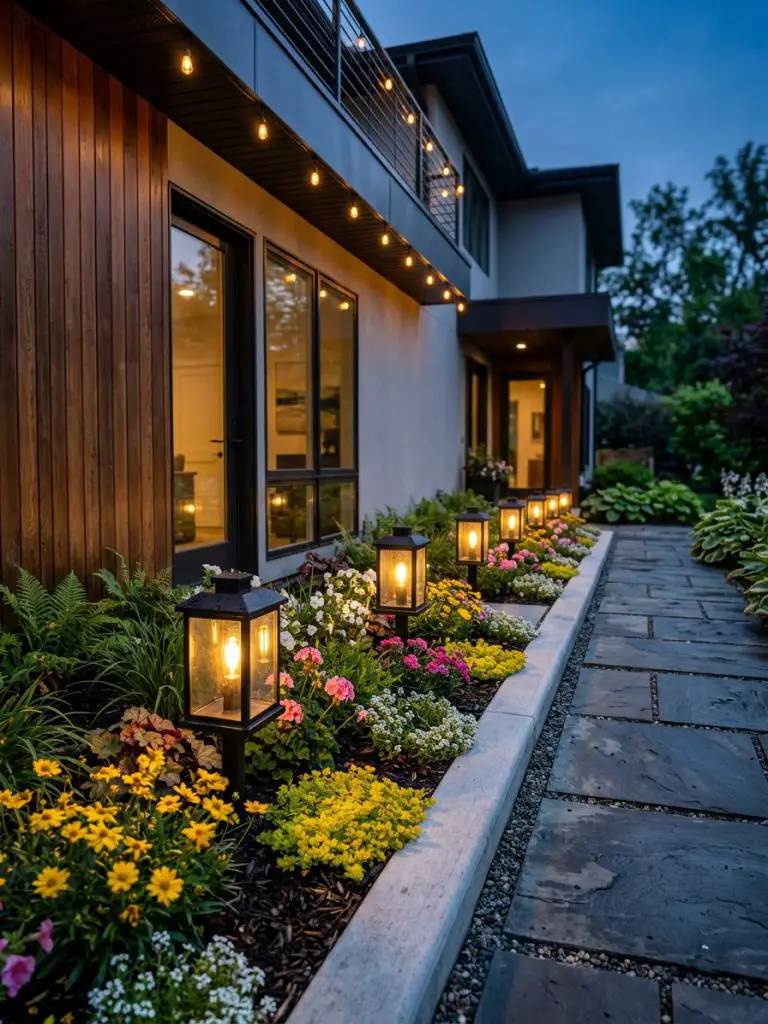 A narrow flower bed illuminated with warm garden lantern lighting along a modern home exterior, designed in a cozy contemporary style.