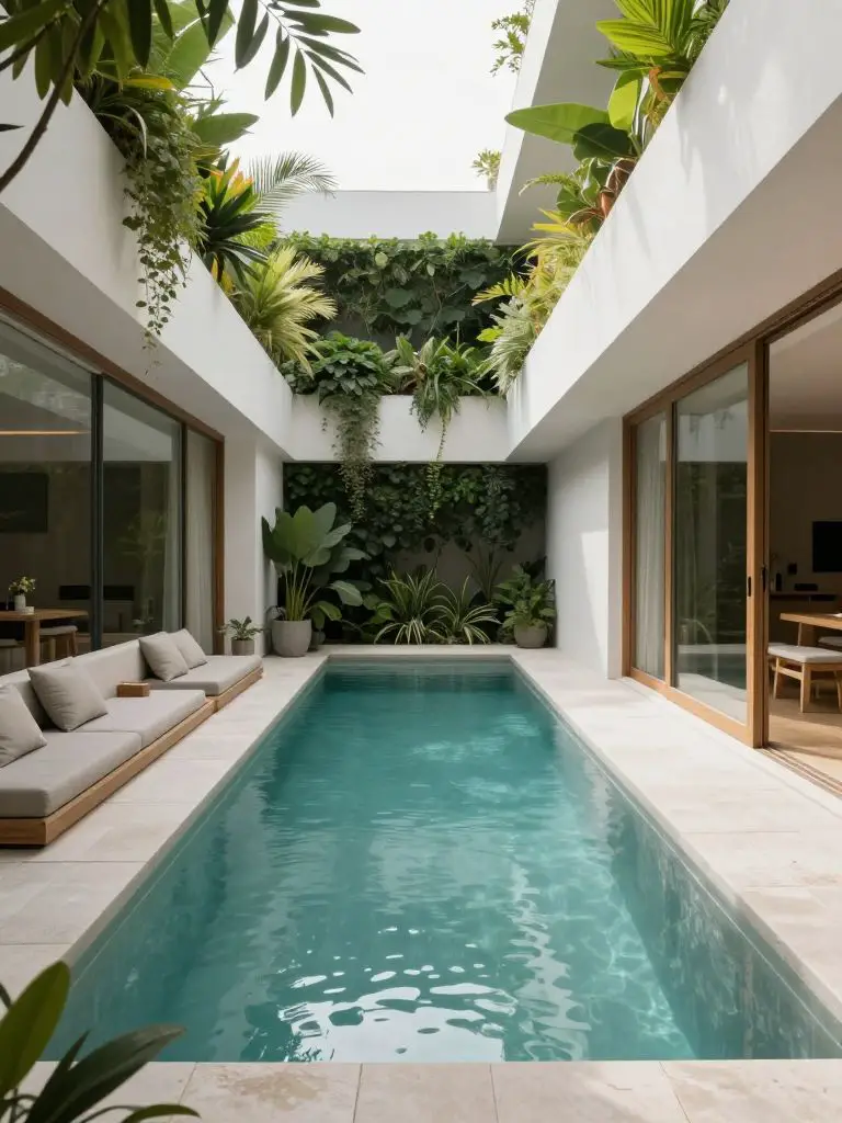 A narrow modern lap pool designed in a contemporary minimalist backyard, positioned alongside a sleek white home with lush vertical greenery.