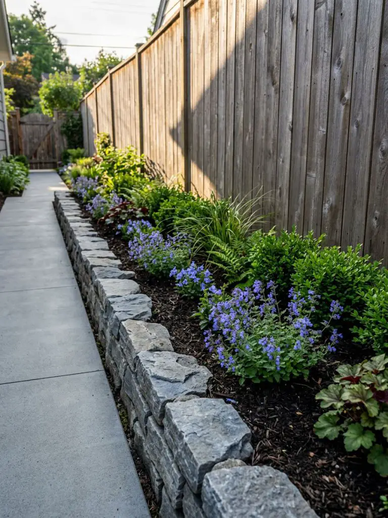A narrow side yard flower bed bordered by stacked stone edging alongside a tall wooden fence, designed in a clean modern cottage style.