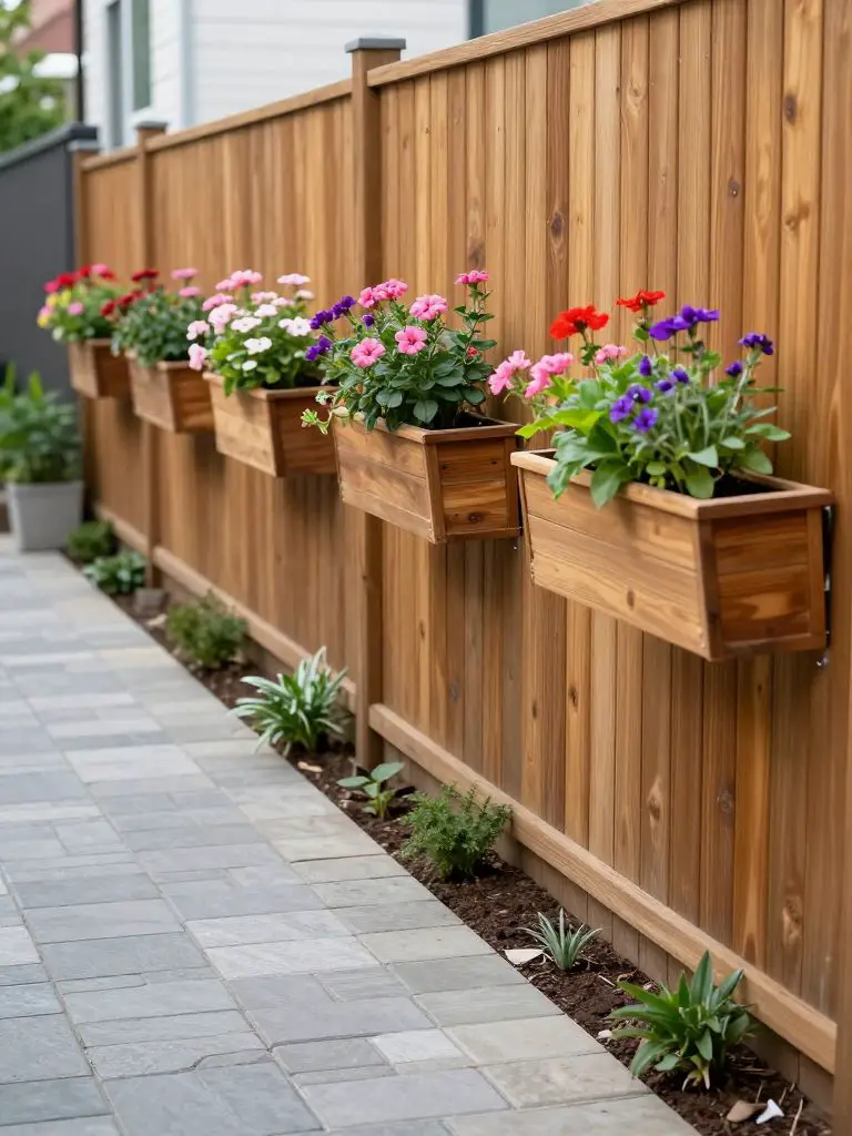 A narrow side yard with a clean paver walkway running alongside a wooden fence adorned with mounted rectangular planters overflowing with fl.
