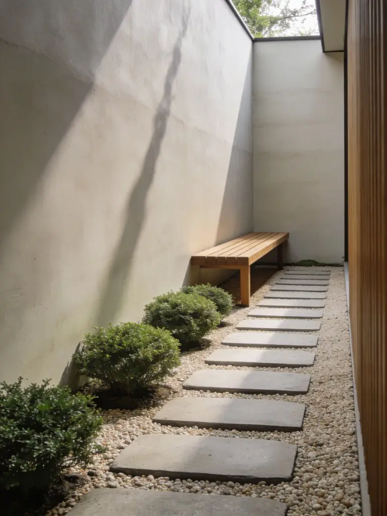 A narrow side yard transformed into a Japanese-inspired garden path with stepping stones leading past a simple wooden bench.