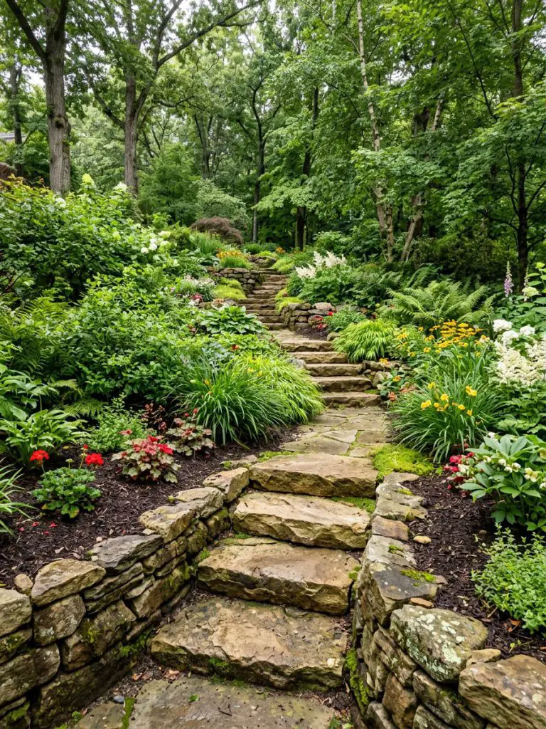 A lush hillside garden with natural stone steps and layered planting beds in a modern rustic woodland style.