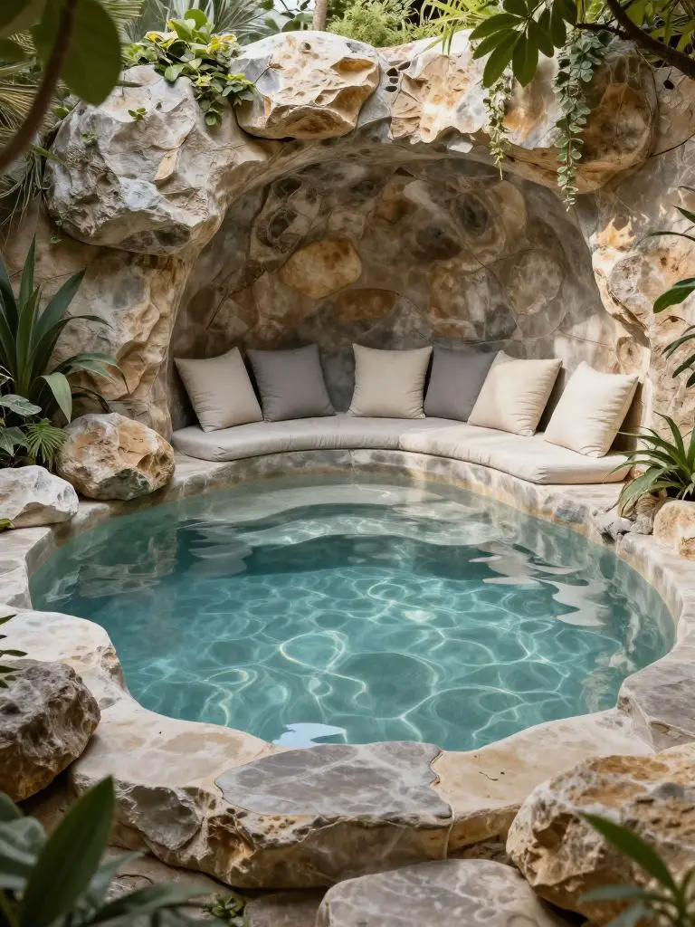 A natural rock-carved spa pool nestled within a lush garden corner, designed in an organic rustic style with spa retreat energy.