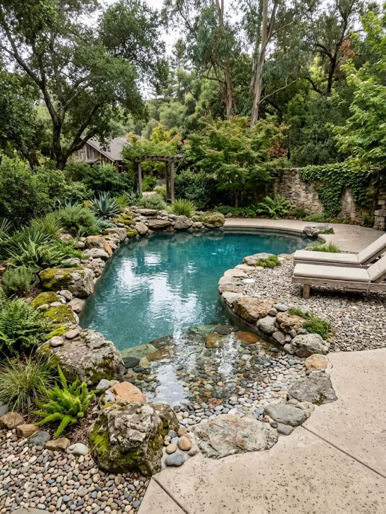 A natural rock edge beach pool backyard designed with an organic, earthy aesthetic, featuring irregular stone borders and a softly contoured.