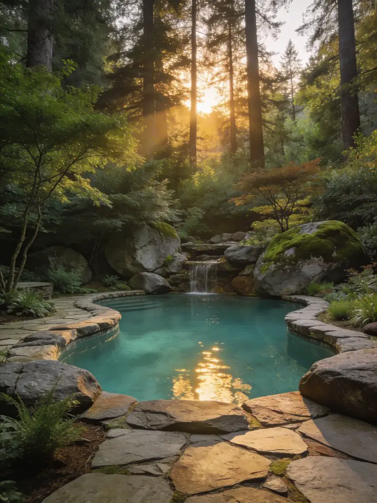 A naturalistic luxury pool backyard surrounded by forest greenery and rock formations, designed in Organic Rustic style.