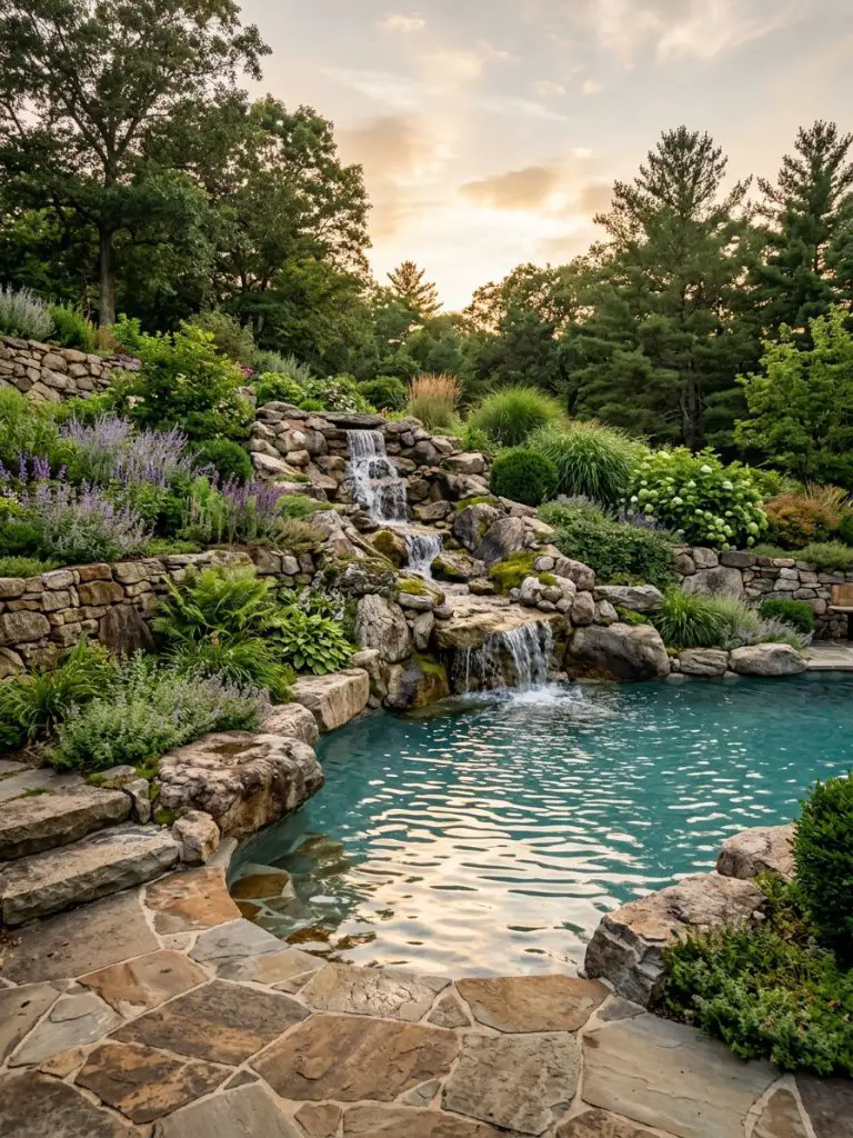A naturalistic pool built into a sloped landscape, featuring a cascading rock waterfall integrated into rugged retaining walls.