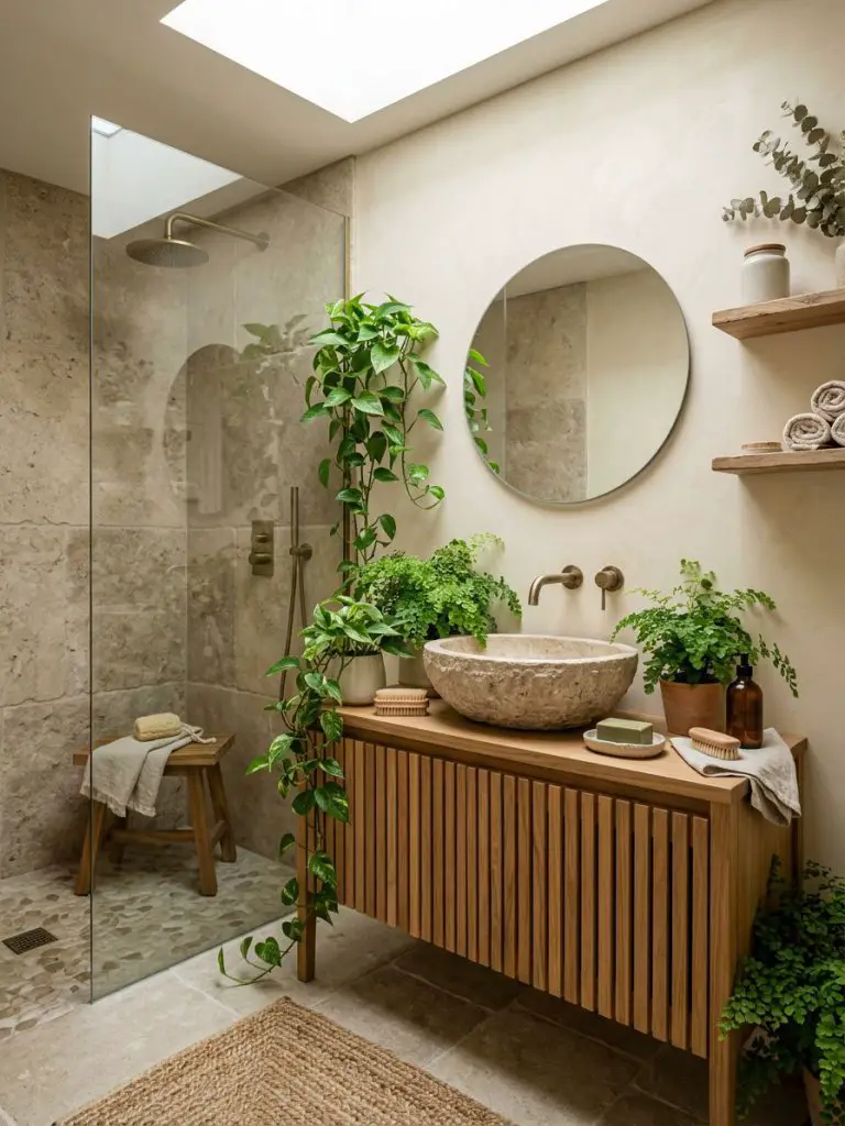 A spa-inspired minimalist small bathroom with natural textures, featuring a wooden vanity, stone basin, and greenery accents.